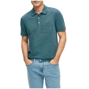 New BROOKS BROTHERS Men's Navy Green Stripe Cotton Jersey Feeder Polo Tee Size L